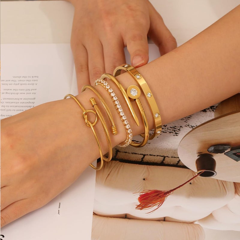 FAFUGA 18 K Gold Plated Love Bangle Bracelet Stack Cuff Jewelry for Women Jewelry Set for Women Gift with Box - Image 3